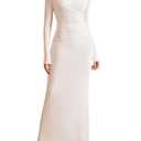 KUTUMAI Long Sleeve Formal Wedding Guest Dresses for Women Fall Modest V Neck Bodycon Maxi Cocktail Party Dress White S