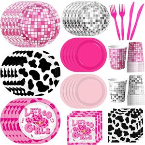 Cowgirl Birthday Party Decorations, 144Pcs Disco Cowgirl Party Decorations Tableware Includes Pink Cowgirl Plates and Napkins Disco Cups for Western Cowgirl Disco Bachelorette Party Decorations