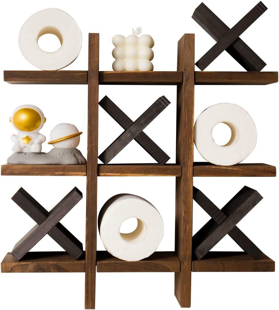 Tic Tac Toe Toilet Paper Holder Stand with 4 Wooden X, Funny Wall Mounted Toilet Paper Storage for Guest Bathroom Decor
