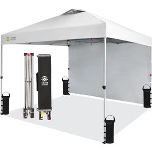 CROWN SHADES 10x10 Pop Up Canopy with 1 Side Wall - Beach Tent with One Push Setup - Outdoor Sun Shade for Events, Parties, Camping - Gazebo with STO-N-Go Cover Bag (White) (Silver-coated White)
