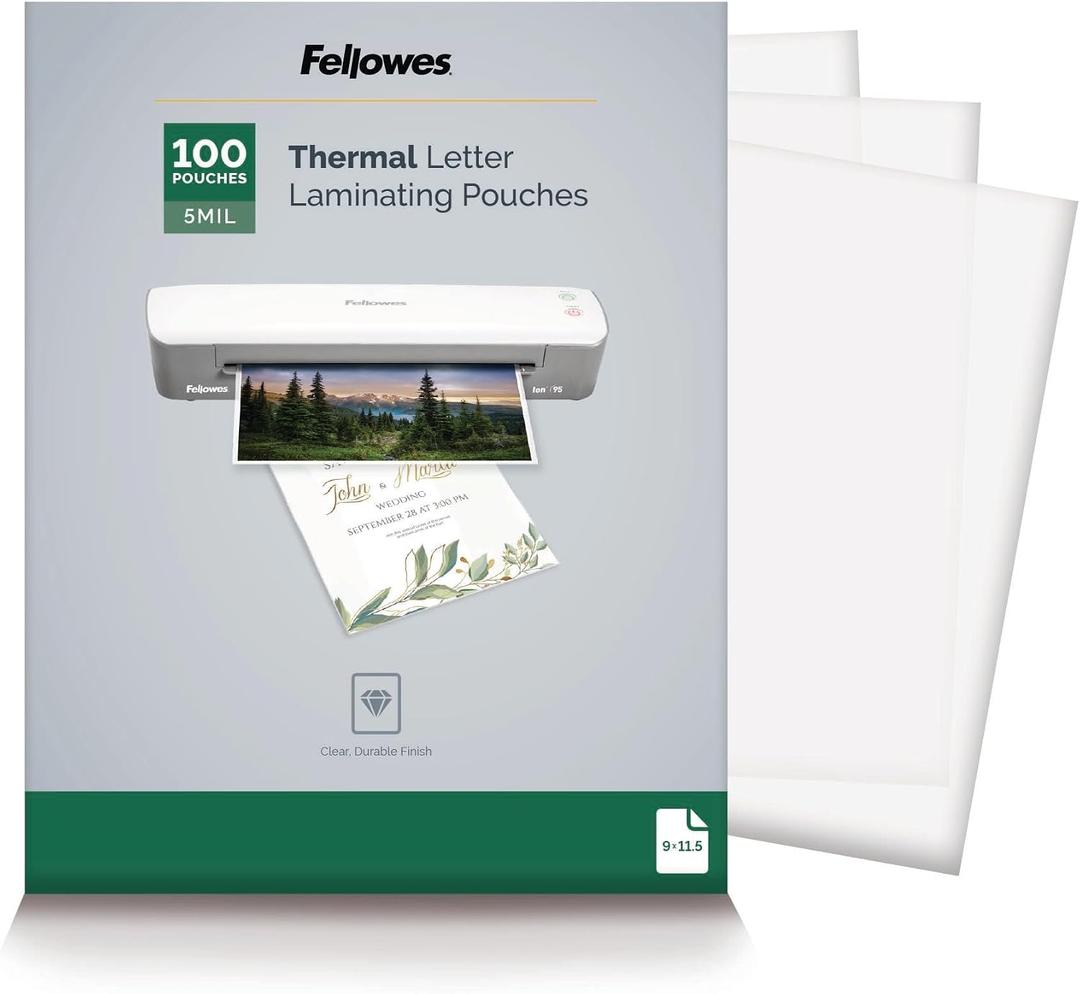 Fellowes Thermal Laminating Pouches, 5mil Letter Size Sheets, 9 x 11.5, 100 Pack, Clear (5743501)