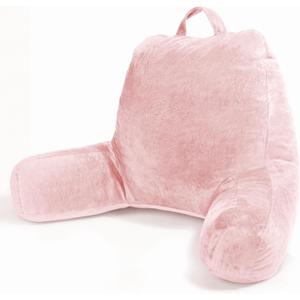 Sasttie Reading Pillow, Velvet Back Pillow for Bed Sitting Up, Adult Back-Rest Support Cushion with Arms for Sit Up on Couch, Sofa, and Floor, Dorm Essentials, Reading Accessories, Pink