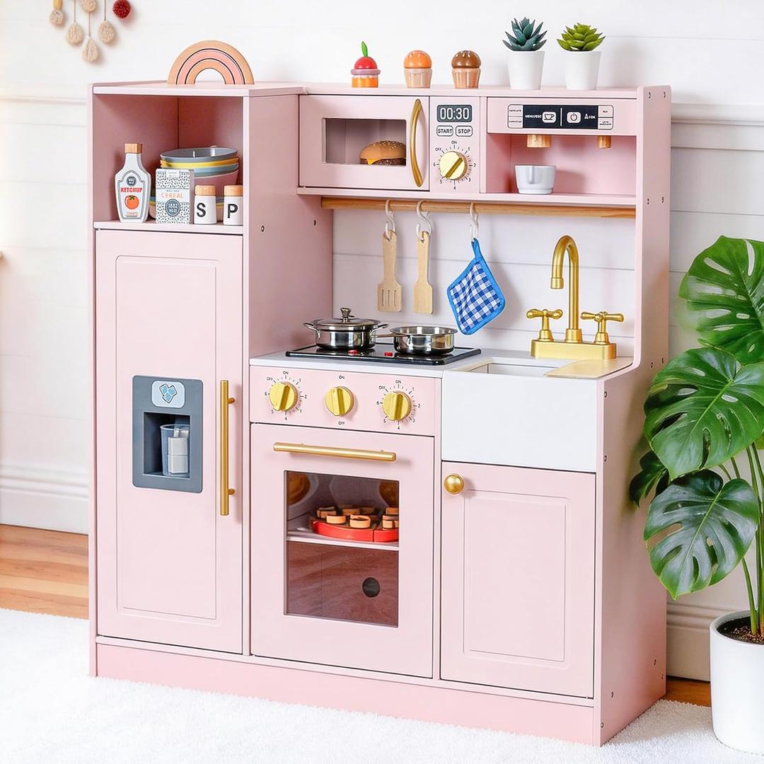 inFUNSAME Wooden Kids Play Kitchen with Lights and Sounds,Home Style Design | 18 Accessories, Fridge, Storage, Coffee Maker, Stove, Sink, Oven, Interactive Pretend Play Toy, Gift for Boys & Girls Ages 3+