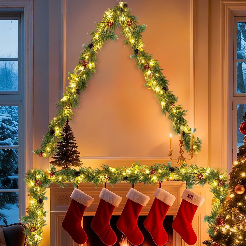 BLOSMON Garlands for Decoration Christmas with Light - 2 Pcs 6.2ft Prelit Gold Glitter Battery Operated Christmas Garland for Stairs Railing Mantle Decor - 12 Lighting Modes Remote Timer