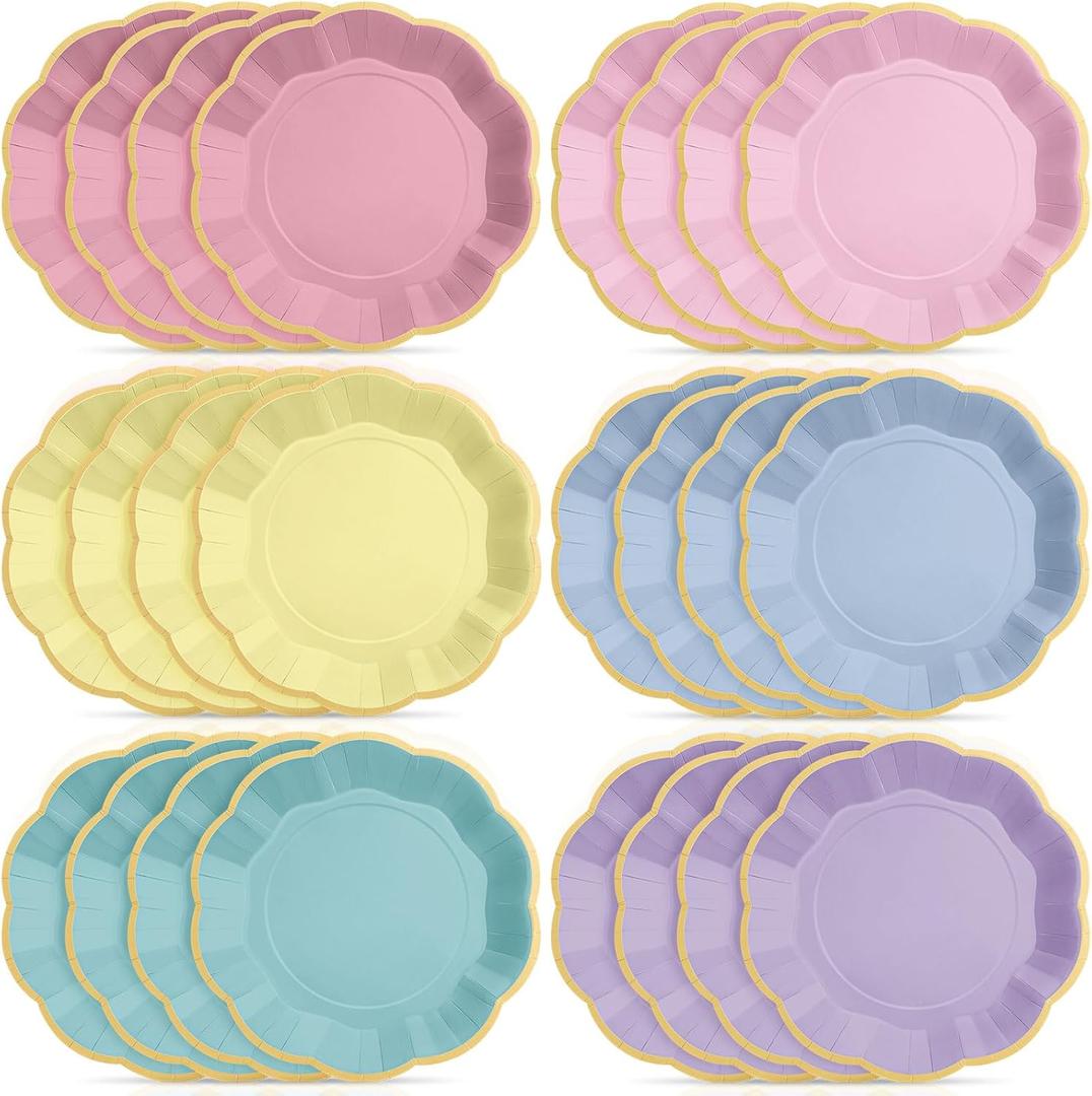 72 Pcs Pastel Paper Plates 9 Inch Colorful Rainbow Gradient Scalloped Paper Disposable Dinner Dessert Plates for Birthday Wedding Bridal Party Supplies, 6 Colors