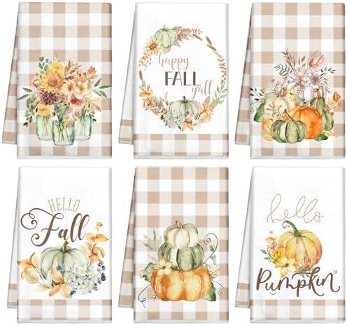 Mixweer 6 Pcs Thanksgiving Kitchen Towels Fall Pumpkin Hand Towel 16 x 24 Inch Autumn Buffalo Plaid Maple Absorbent Dishcloth Truck Dish Cloth for Thanksgiving Kitchen Decor