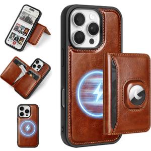 HawkBox 2-in-1 Detachable Compatible with Magsafe iPhone 16 Pro Max Case Wallet AirTag Holder Women Men,Luxury PU Leather Phone Case Shockproof Protector Cover Credit Card Slot Kickstand,Brown