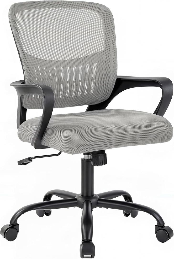 DUMOS Home Office Chair - Ergonomic Mid Back Mesh Desk Chair with Lumbar Support & Rocking Mode, Height Adjustable, Fixed Armrest, for Conference, Computer, 360 Swivel, Adults, Grey, 21.7''D x 21.7''W*38.2''H