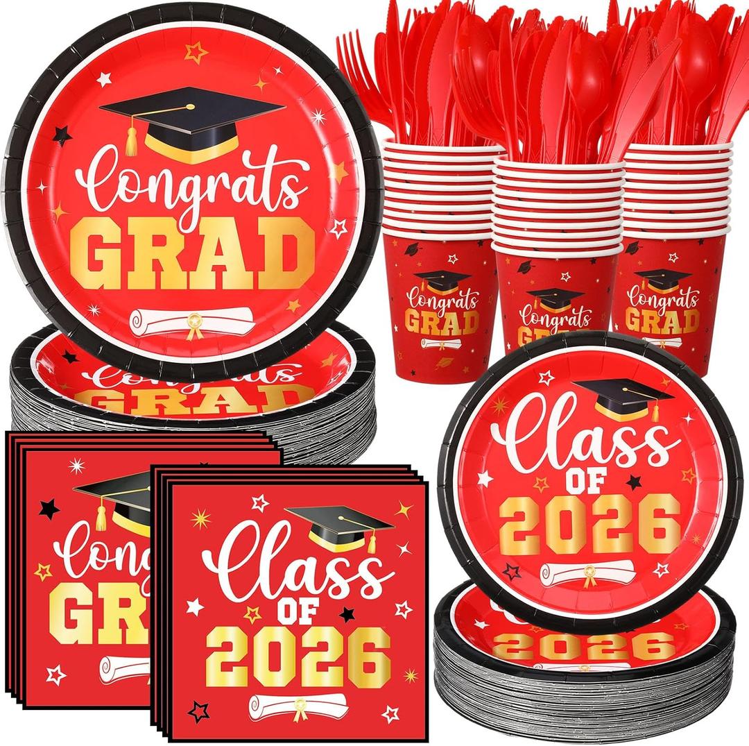 Funnymoom 400 Pcs Graduation Party Supplies Class of 2026 Graduation Paper Plate Napkin Cup Cutlery Congrats Grad Disposable Tableware Set for Grad Party Decorations, Serve 50(Red)