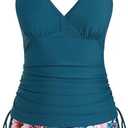 ZAFUL Women's Color Block Ruched Tankini Set V-Neck Drawstring Side Two Piece Swimsuit Tummy Control Bathing Suit Size L