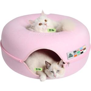 Cattasaurus Peekaboo Cat Cave Donut for Multiple & Large Cats up to 30-45 lbs, 3-in-1 Self Warming Cat Bed, Tunnel & Scratcher for Indoor Cats, Washable & Detachable Small Dog Bed (Pink, Large)
