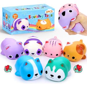 6PCS Cat Squishies Slow Rising Stress Balls for Kids Fidget Toys Adults Stocking Stuffers for Teen Girls Foam Squishy Toys Anxiety Relief Class Prizes Party Favors Valentines Easter