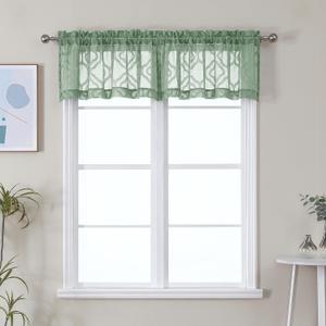 3 x Lecloud Wasa Sage Green Sheer Valance for Windows 14 Inch 2 Panels, Short Curtains for Small Windows, Voile Jacquard Textured Kitchen Cafe Valance, Bedroom Living Room Decor Curtains, 42 W x 14 L