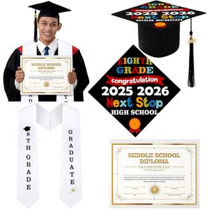 JaGely 3 Pcs 8th Grade Graduation Set Class of 2026 Graduation Cap and Stole Sash with Diploma Certificates Set for Middle School Students Supplies Teachers Parents Gifts