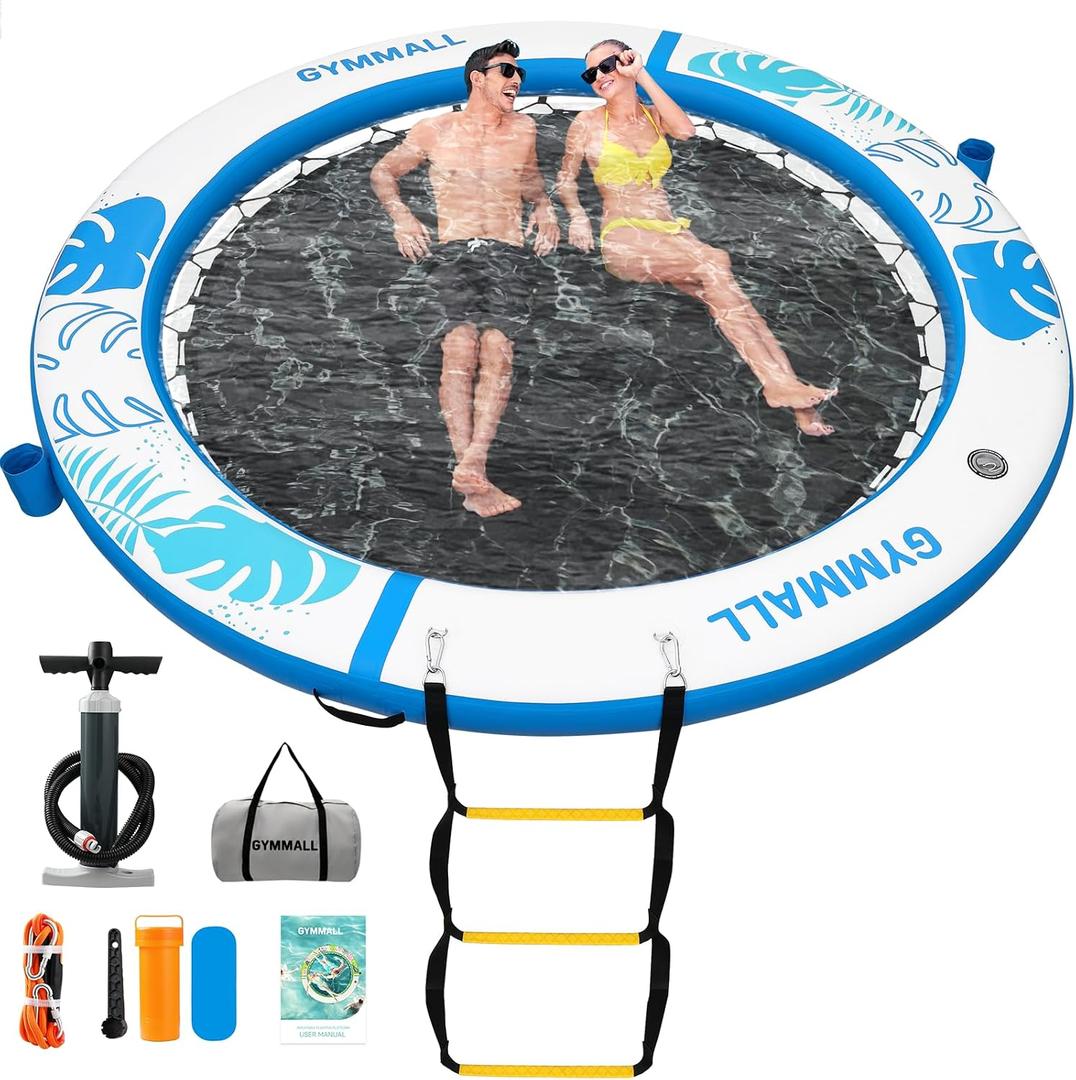 GYMMALL Inflatable Water Hammock Floating Dock 8 FT with Mesh, Tanning Pool Raft Round Ring for Adults, Sun Float Chill Platform for Lake and Beach with Water Ladder and Cup Holder