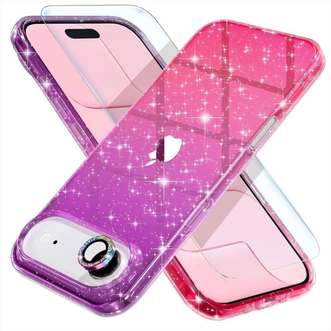 Choiche Compatible for iPhone 17 Air Case, Women Cute Clear Glitter Bling Sparkly Case, [1 x Diamond Camera Lens Protectors] [2 x Tempered Glass Screen Protectors] 6.5-inch (Glitter Purple/Pink)