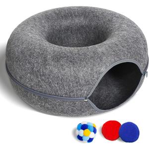 Cat Tunnel Bed for Indoor Cats with 3 Toys, Scratch Resistant Donut Cat Bed, Up to 9 Lbs (M 20x20x9, Dark Grey)