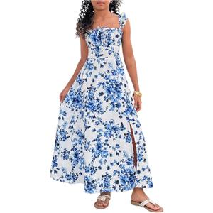 Girl's Floral Cami Maxi Dress Split Thigh Sleeveless Shirred Flowy Dresses (Blue and White)