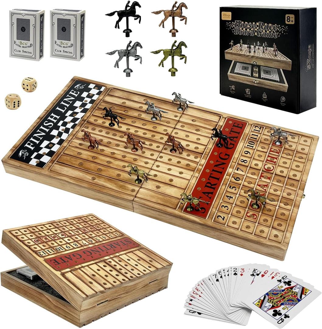 Large 23 inches Horse Racing Board Game with 11 Luxury Metal Horses, Foldable Wood Horse Race Board Game with 2 Sets of Dice, 2 Boxes of Cards for Parties and Gambling
