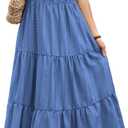RUMIA Women Casual Midi Maxi Dresses Short Sleeve V Neck Elastic Waist Vacation Dress Pockets (Blue, S)