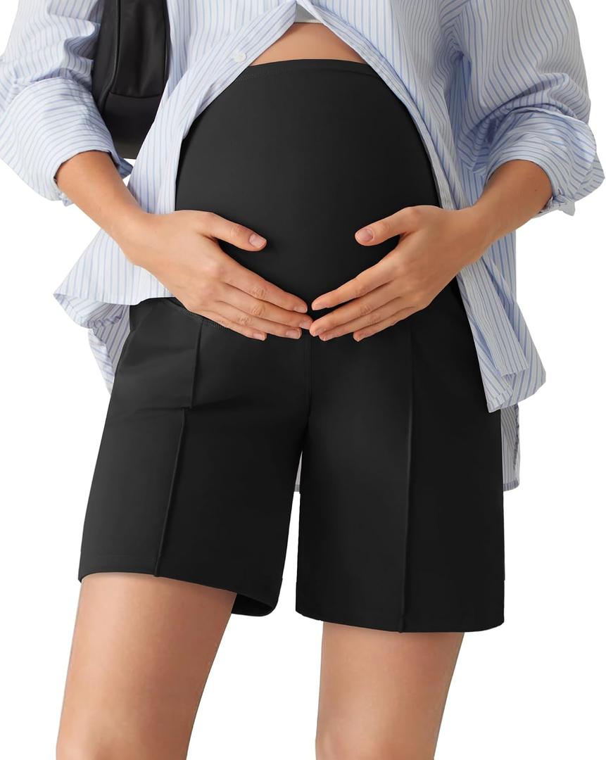 G4Free Maternity Shorts with Pockets Over The Belly Soft Stretch High Waisted Loose Pregnancy Shorts for Casual Workout(Black, L, 6'')