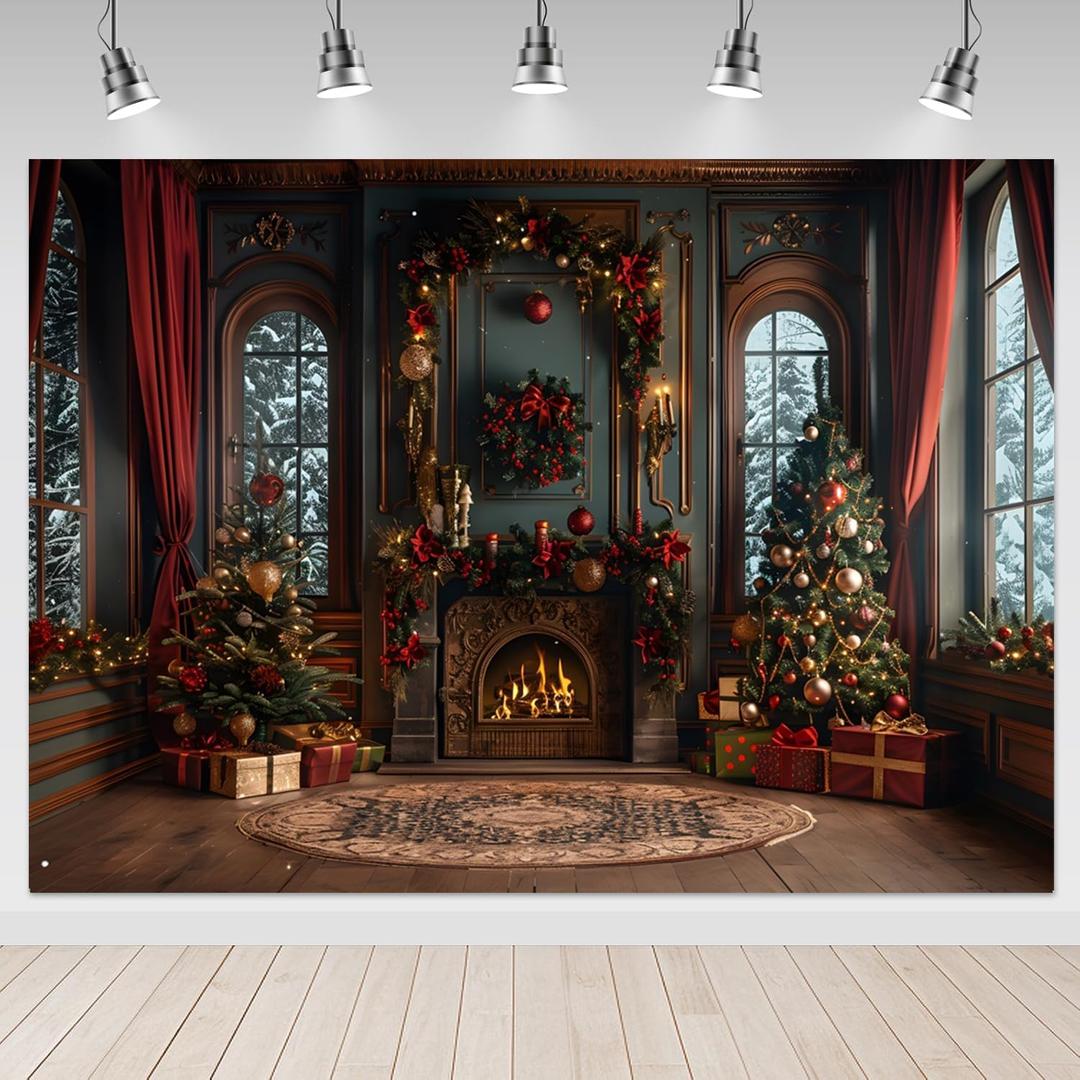 Mocsicka 7x5ft Red Christmas Window Backdrop for Photography Black Christmas Trees and Fireplace Snow Scene Xmas Family Holiday Party Decorations Photography Background