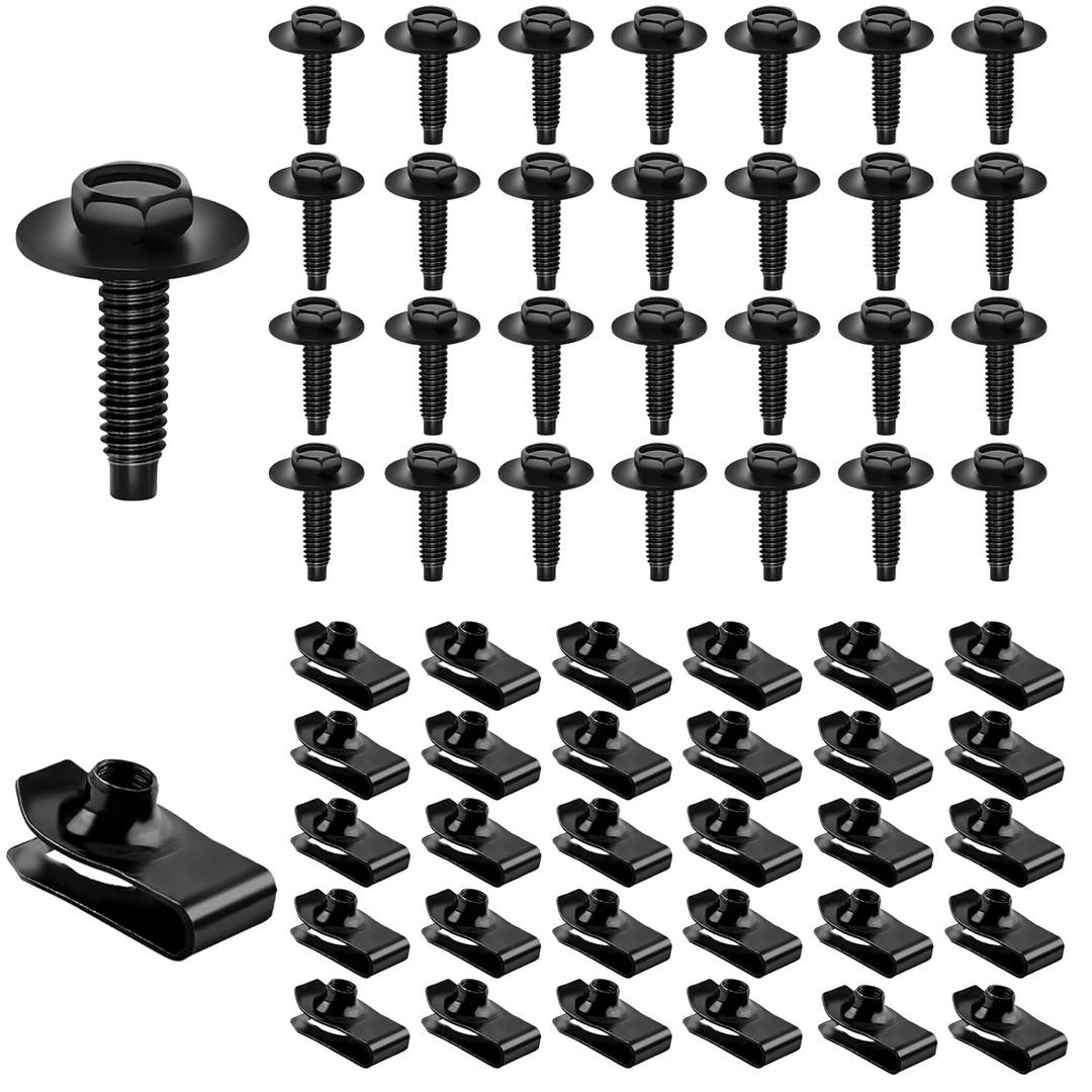 Upgraded 60PCS M6-1.025mm Extruded U Nuts and Hex Head SEMS Bolts Kits Automotive Body Screws Clips(30 Sets)  Fender Liner Screw with U Clips, Black M6x1.0 Body Bolts for Bumpers,Fenders