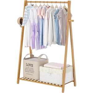 Small Clothes Hanging Racks,Bamboo Wood Kids Clothing Garment Racks for Cloths,Free Standing Dress Costume Rack for Bedroom,Living Room, Commercial,Small Space