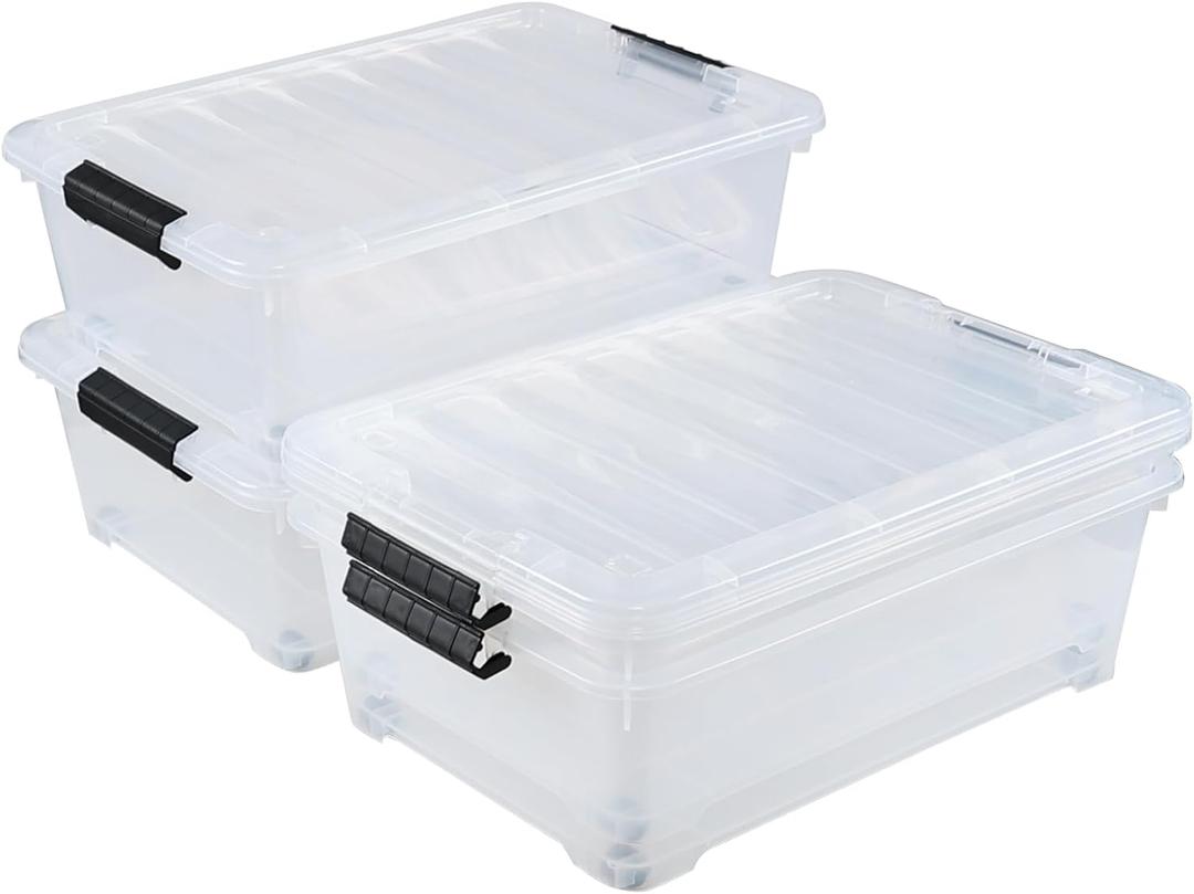 4 Packs 20 Quart Plastic Under Bed Storage Container with Lids and Wheels, Stackable and Nestable Organizer Bins, Flat Storage Box