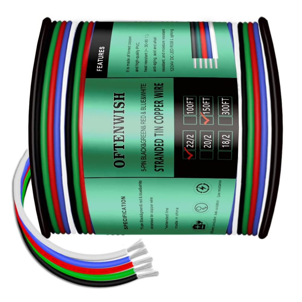 150ft RGB 4 Wire Conductor 22 Gauge Cords 4PIN 22AWG Extension Cable Tinned Copper for LED Strips