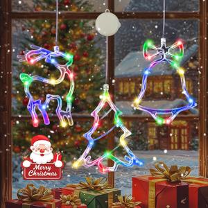 3 Pack Christmas Window Lights, Multicolor X-Mas Tree, Reindeer, Bell Lights, Battery Operated Christmas Window Decorations Light up with Suction Cup and Timer Function for Window Glass Wall Decor