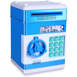 GuDoQi Piggy Bank for Boys Electronic Coin Money Bank Toy for 3 4 5 6 7 8 9 10 Year Old Children, Mini ATM Cash Coin Saving Box for Birthday Gifts Kids Age 3-10, Blue White