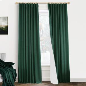 Curtains 102 Inches Long 2 Panel Set,Linen Blackout Forest Green Track System Pleated Curtains for Living Room Bedroom 102 Inch Length,Deep Hunter Emerald Green  102x27 Inch