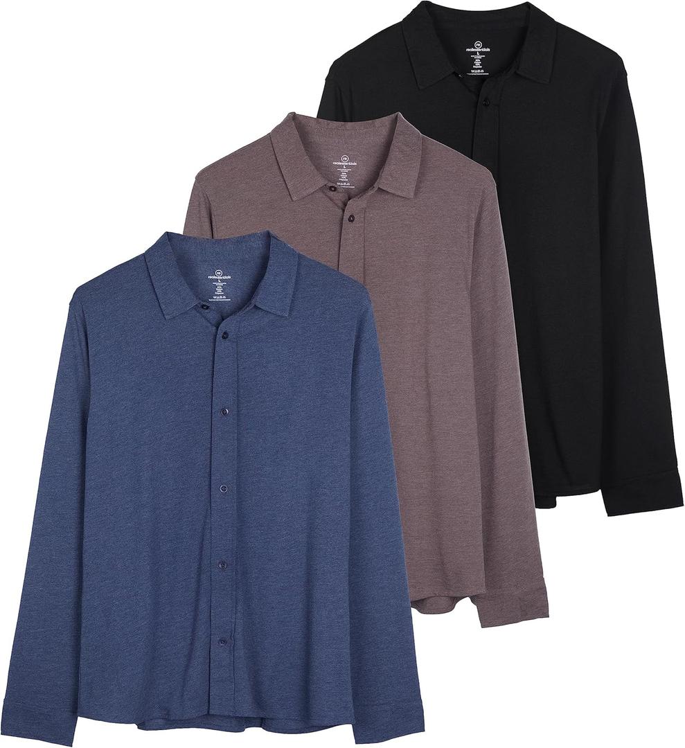 Real Essentials 3-Pack: Men's Classic Style Casual Long Sleeve Button Down Collared Shirt (Medium)