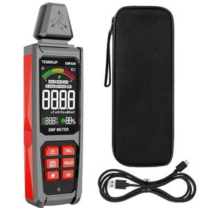 EMF Detector, TEMIRUP 5 in 1 Handheld EMF Meter Radiation Detector, Detects EF, RF, MF, WiFi Signal,Temperature, Humidity, Rechargeable EMF Reader with Large Color LCD for Home, Office, Ghost Hunting (Red)