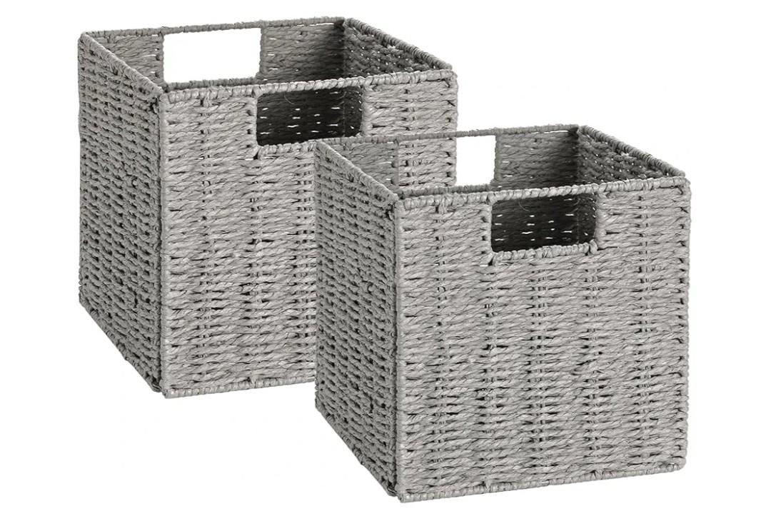 Vagusicc Wicker Basket, Set of 2 Hand-Woven Wicker Storage Basket, Foldable 11 inch Cube Storage Bins, Storage Baskets for Organizing Shelves, Closet Organizers and Storage Bins, Gray (11″×11″×11″)