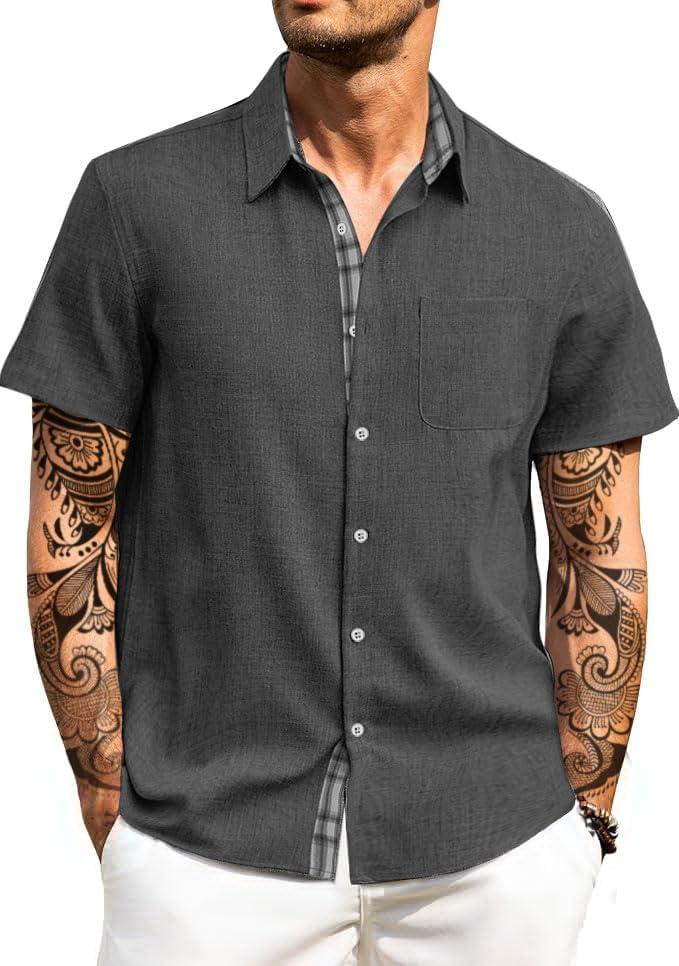 HUNGSON Men's Button Down Shirts Short Sleeve Casual Shirts Summer Beach with Pocket (Large, Dark Gray2025)