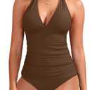 Yonique Womens Two Piece Swimsuits Tummy Control Tankini Plus Size Bathing Suit Halter V Neck Swimwear (Large, Brown)