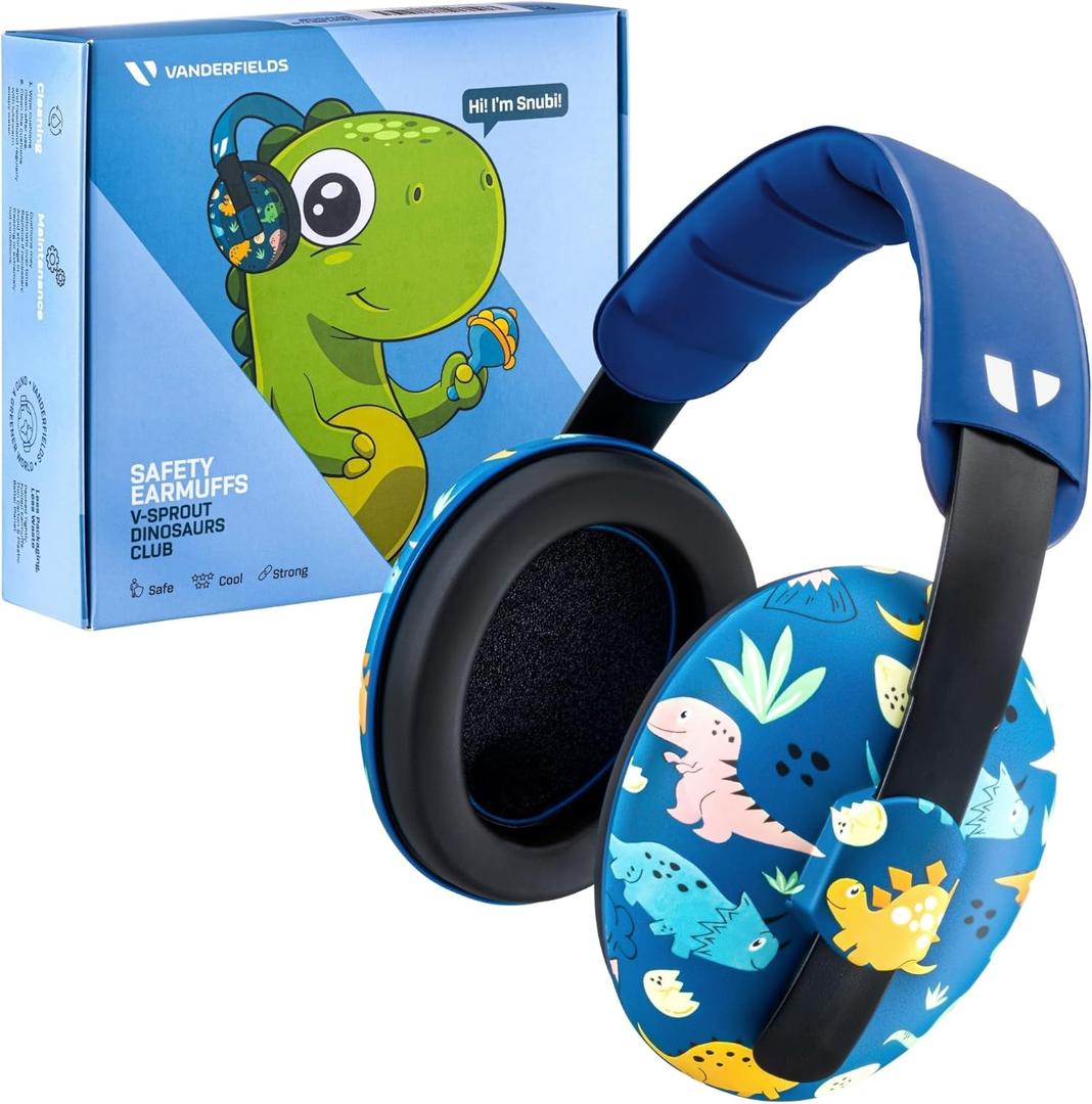 Vanderfields - Hearing Protection Ear Muffs - Over 33 dB (2K Hz) Broad Noise Cancelling Sound Reduction - Baby and Toddlers (Dinosaur Club)