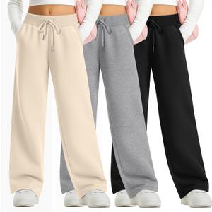 3 Pack Girls Sweatpants Straight Leg Ribbed Waist Active Joggers Teens Athletic Pants with Drawstring and Pockets (Large, Beige, Light Gray, Black)