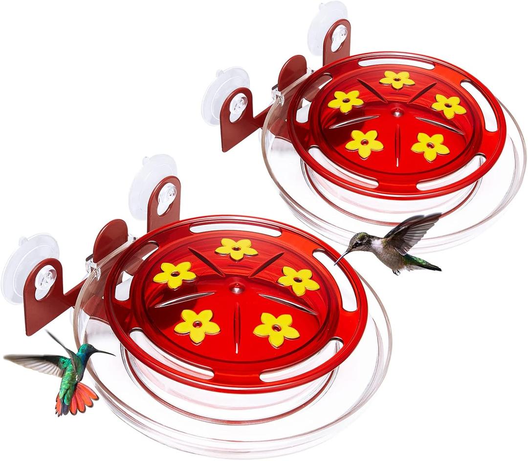 Kingsyard 2 Pack Window Hummingbird Feeders with Ant Moat, Strong Suction Cup Hummingbird Feeder for Outdoors - 8 Oz Leak Proof & 5 Bee Proof Feeding Ports, Red
