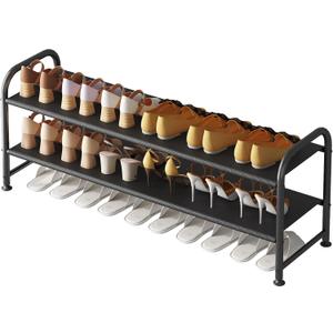 INGIORDAR Shoe Rack 2 Tier Long Storage Organizer Wide Metal Shoe Shelf for Closet Entryway Black