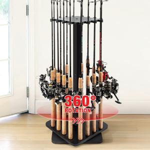 Ghosthorn Fishing Rod Holders for Garage 360 Degree Rotating Fishing Pole Rack, Floor Stand Holds up to 16 Rods Wood Fishing Gear Equipment Storage Organizer, Fishing Gifts for Men Women