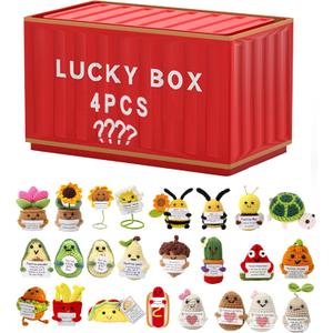 Lucky Box,4pcs Positive Crochet Giftset,Handmade Crochet Bulk,Cute Funny Emotional,Gifts for Crochet Lovers, Birthday Gifts for Women Men Friends Room Party Decor