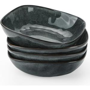 famiware Large Pasta Bowls Set of 4, Ocean Square 8" Bowls, Pasta Serving Bowl Large Dinner Bowls, Kitchen Bowl Set, Microwave and Dishwasher Safe, Scratch Resistant, Deep Forest