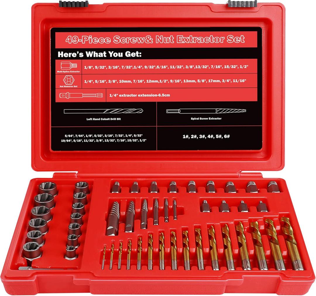 53 Pcs Spiral Screw Extractor Bolt Extractor Set, 6542/4341 HSS Left Hand Drill Bit Set, Easy Out Bolt Extractor Set Multi-Spline Stripped Bolt Remover for Broken Rusted Nuts Bolts Screw