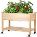 Raised Garden Bed with Lockable Wheels, 48x24x32 inch Elevated Wood Planter with Storage Shelf Protective Liner for Vegetable Flower Herb Outdoor Balcony Patio Backyard, Natural, 48x24x30 in