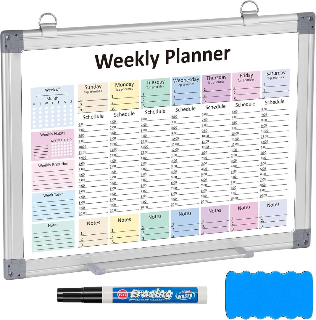 Weekly Hourly Planner Dry Erase Whiteboard with Silver Aluminium Frame for Wall -12" x 16"Hanging Removable Daily Weekly Weekly Planner and Hourly Schedule Checklist