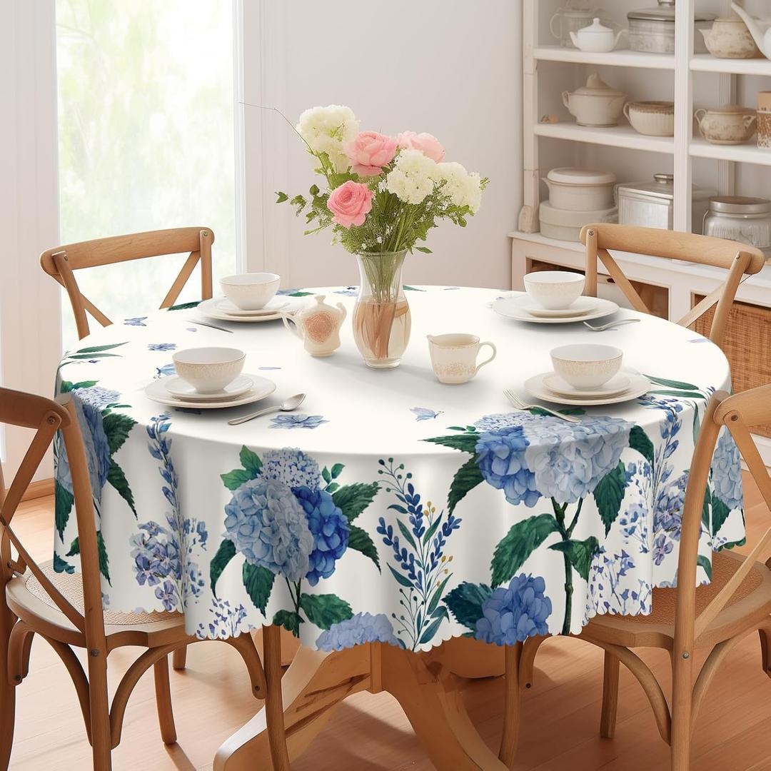 Eikione Round Tablecloth, Summer Tablecloths Polyester Waterproof Stain Wrinkle Free, Indoor and Outdoor Table Cover for Kitchen Party Dining Table (Hydrangea), Size: 60" (Round)