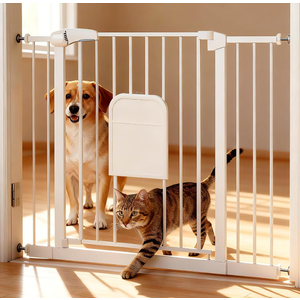 Pet Gate with Adjustable Cat Door, 31–46 Inch Pressure Mounted Dog Gate for Doorways, Stairs and Hallways, Auto Close Walk Through Metal Safety Gate, Easy Install, White